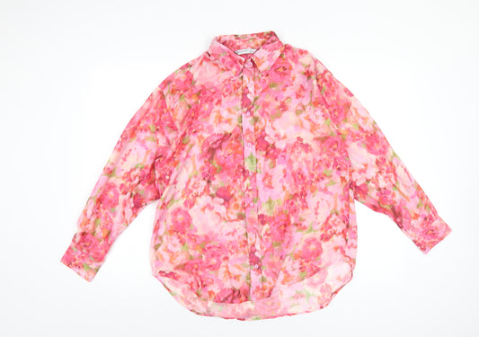 Stradivarius Womens Pink Floral Cotton Basic Button-Up Size S Collared