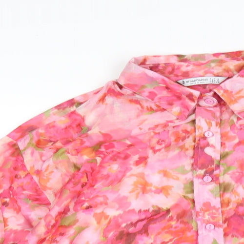 Stradivarius Womens Pink Floral Cotton Basic Button-Up Size S Collared