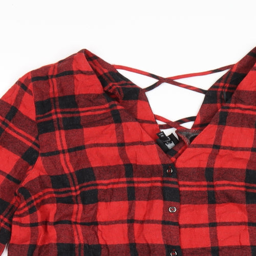 River Island Womens Red Plaid Viscose Basic Button-Up Size 10 V-Neck