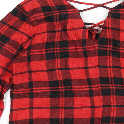 River Island Womens Red Plaid Viscose Basic Button-Up Size 10 V-Neck