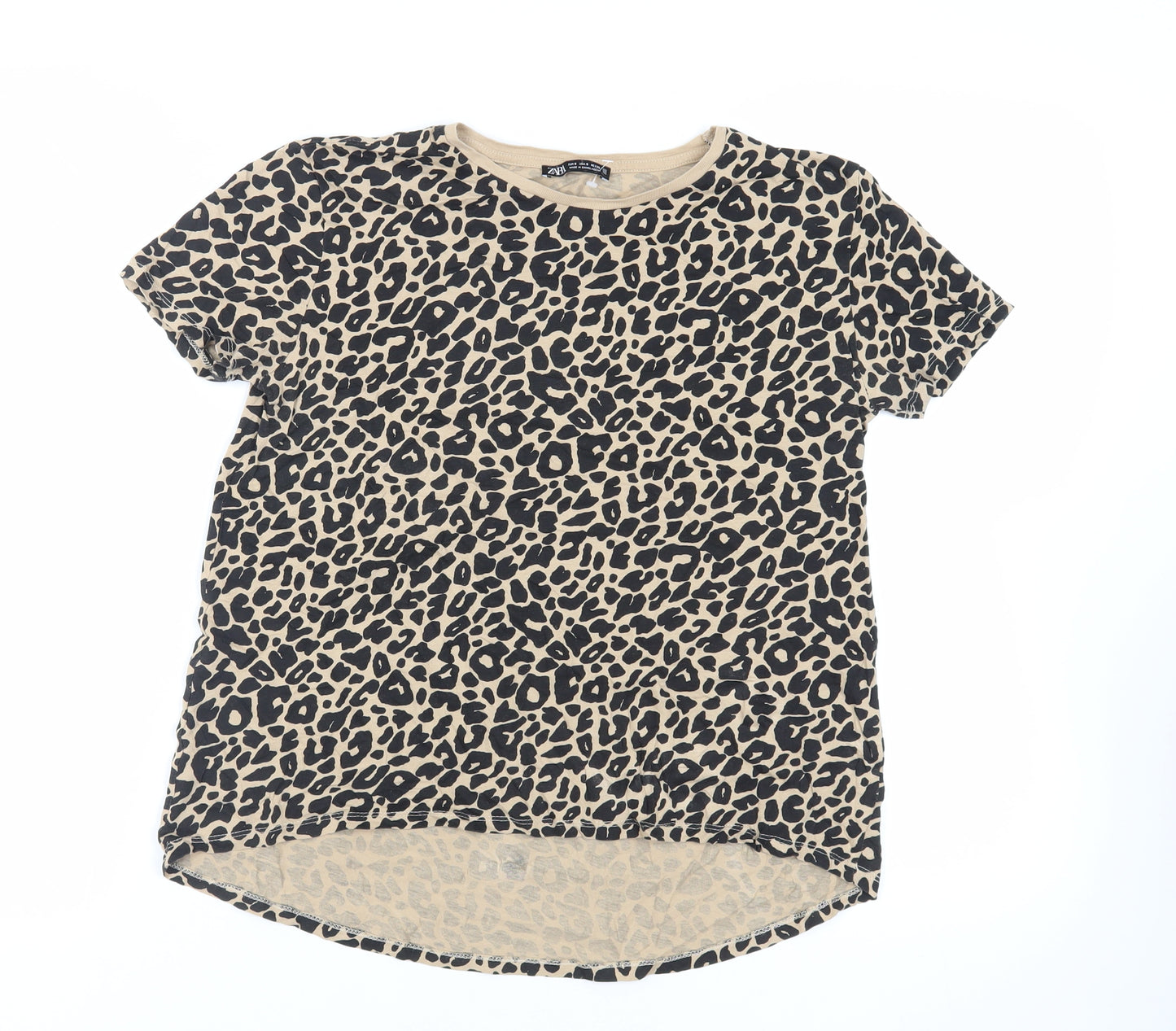 Zara Womens Beige Animal Print Cotton Basic T-Shirt Size S Crew Neck - Leopard Print