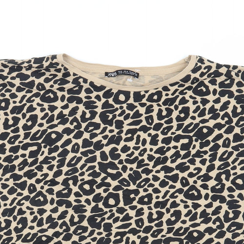 Zara Womens Beige Animal Print Cotton Basic T-Shirt Size S Crew Neck - Leopard Print