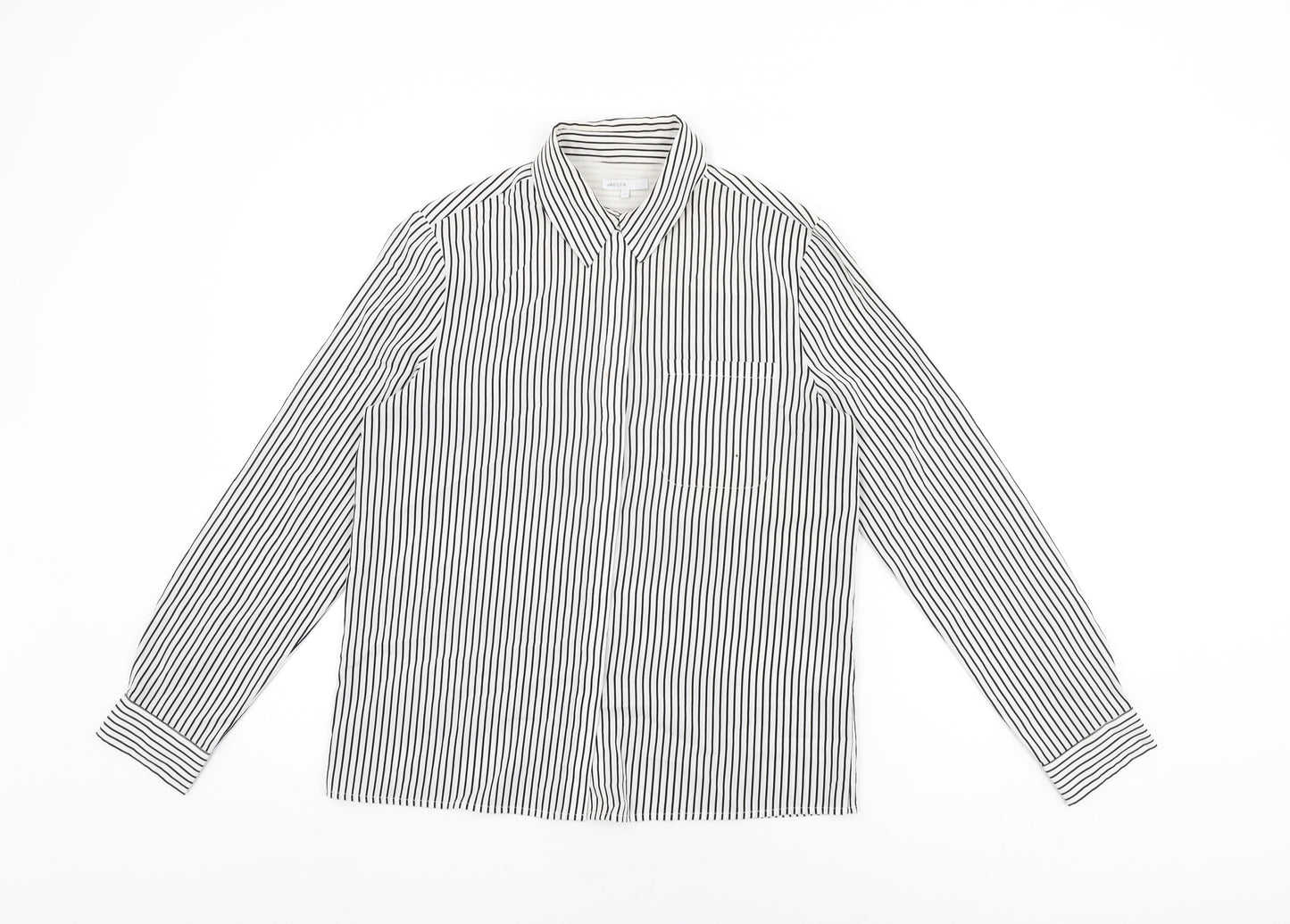 Jaeger Womens White Striped Polyester Basic Button-Up Size 10 Collared