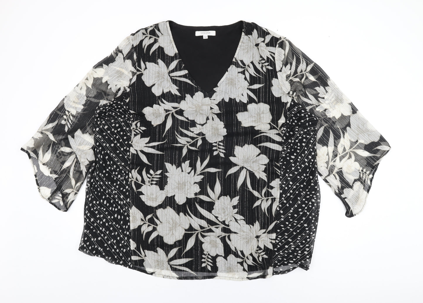 Together Womens Black Floral Polyester Basic Blouse Size 24 V-Neck