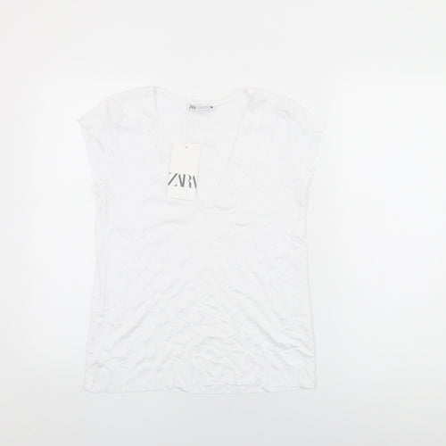 Zara Womens White Cotton Basic T-Shirt Size S V-Neck