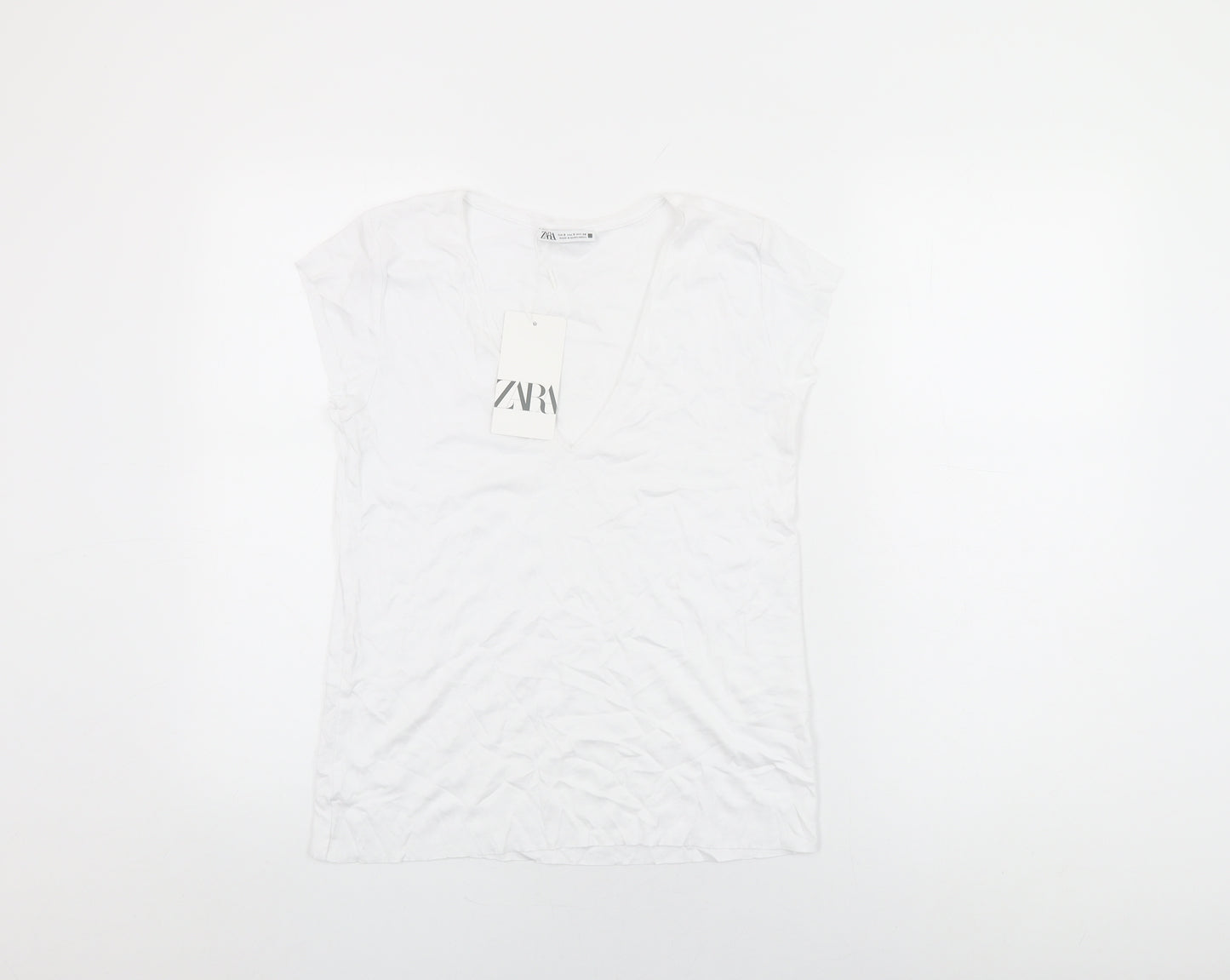 Zara Womens White Cotton Basic T-Shirt Size S V-Neck