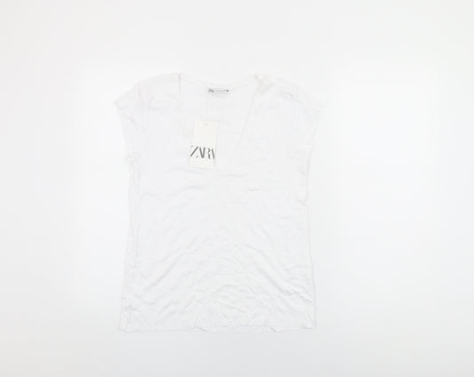 Zara Womens White Cotton Basic T-Shirt Size S V-Neck