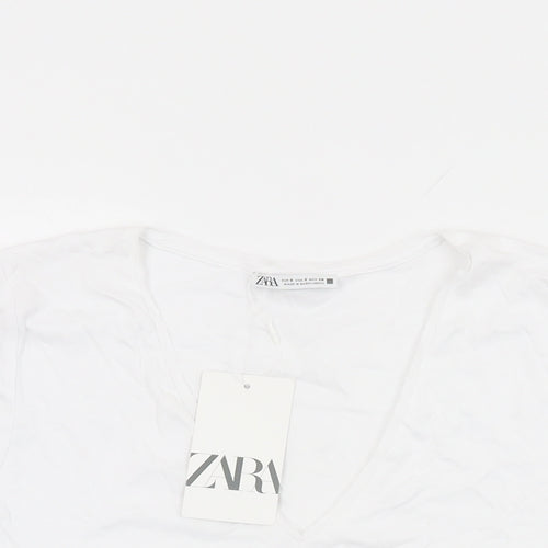 Zara Womens White Cotton Basic T-Shirt Size S V-Neck