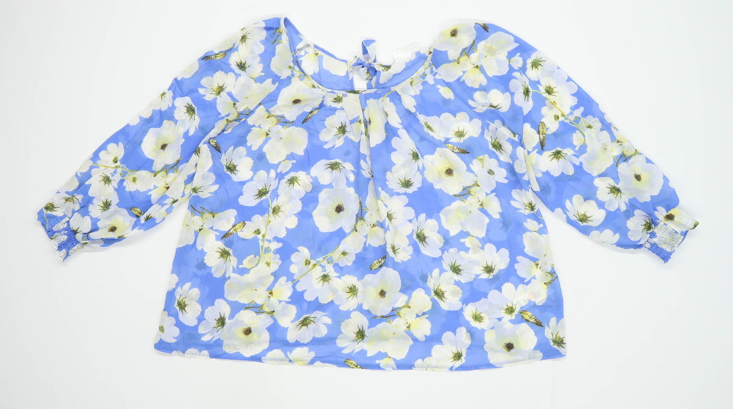 Wallis Womens Size L Floral Blue Sheer Top (Regular)