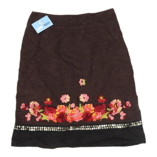 Monsoon Womens Size 12 Corduroy Floral Brown Skirt (Regular)