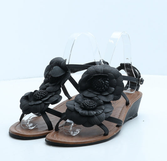 Spot On Womens Black Leather Strappy Casual UK 4 37 - Flowers