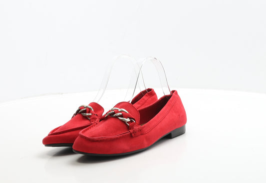 TU Womens Red Leather Loafer Flat UK 5 - Chain Detail