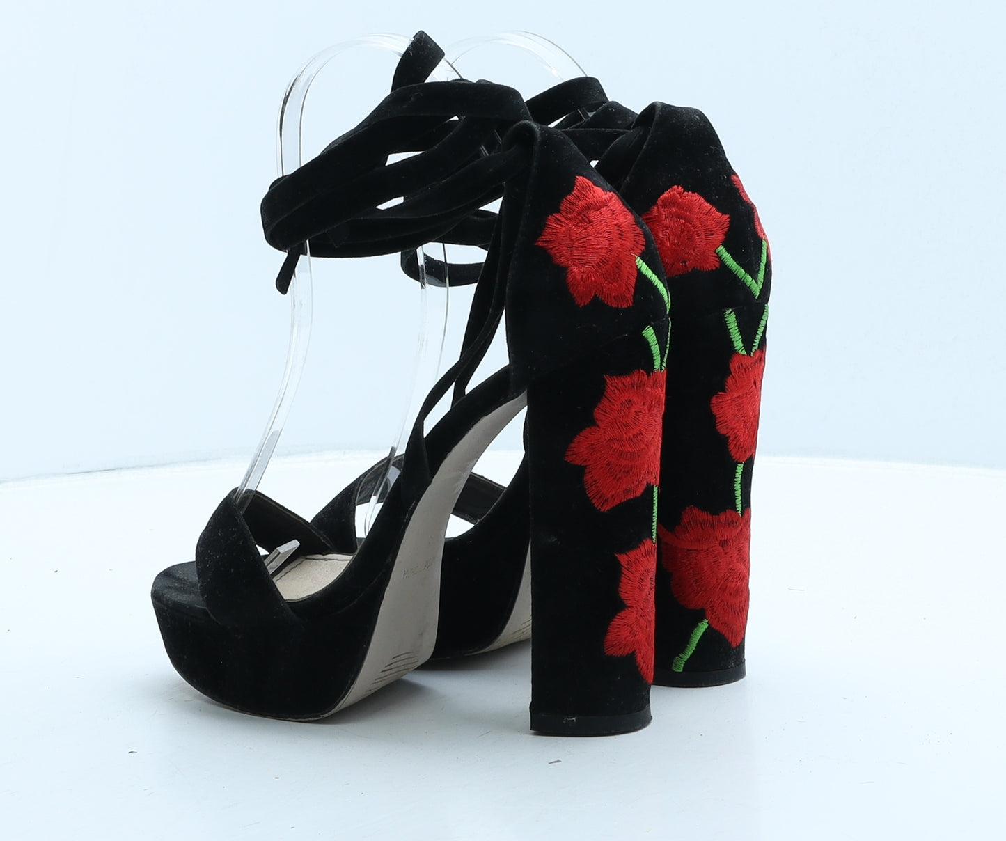 Public Desire Womens Black Floral Suede Strappy Heel UK 3