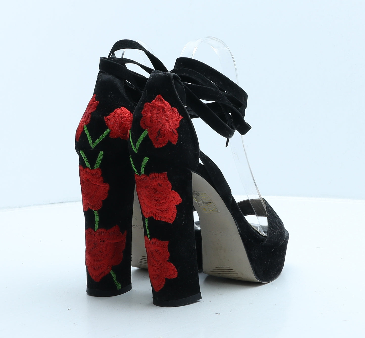 Public Desire Womens Black Floral Suede Strappy Heel UK 3