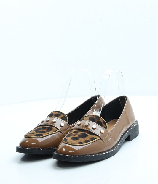 Kelsi Womens Brown Animal Print Leather Loafer Flat UK 3