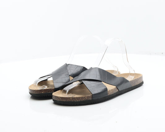 Primark Womens Black Animal Print Leather Slider Flat UK 7 40 - Croc Texture Sandals