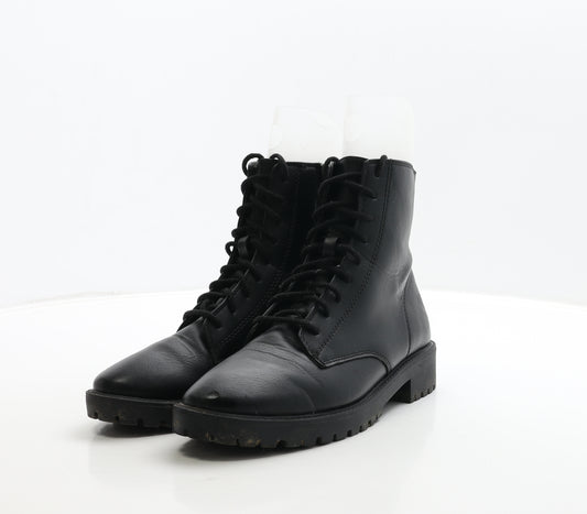 F&F Womens Black Leather Combat Boot UK 4 37
