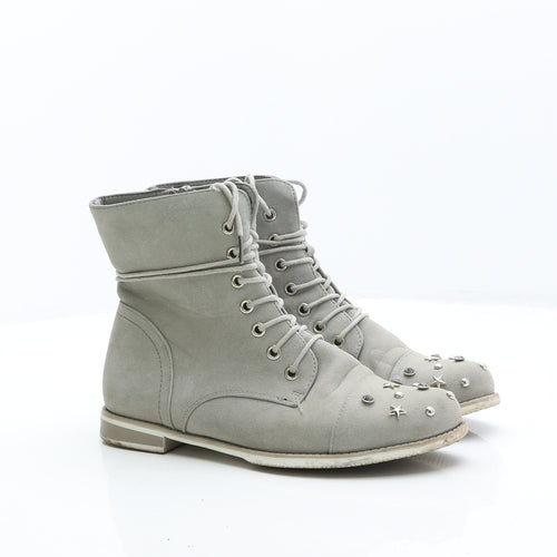Preworn Womens Grey Leather Combat Boot UK 3 36