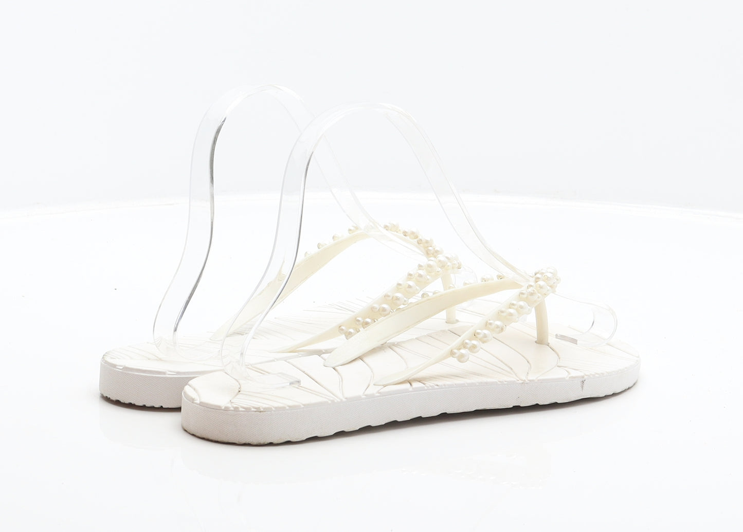 Preworn Womens White Synthetic Thong Sandal UK 5 38 - Pearl detail