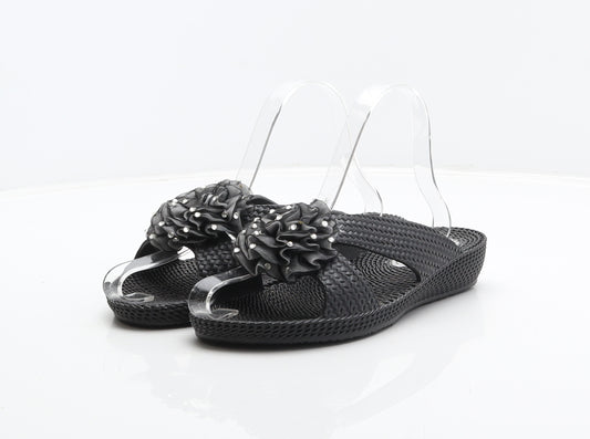 Platino Womens Black Synthetic Slider Sandal UK 4 37 - Flower detail