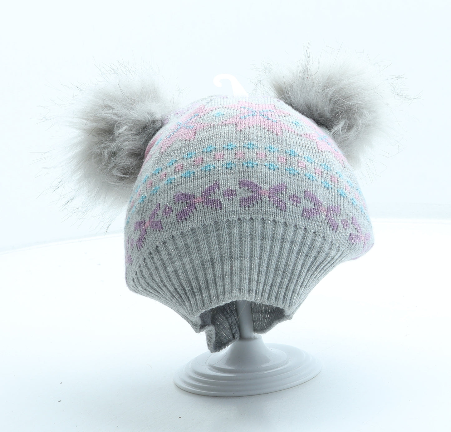 Winter Collections Girls Grey Fair Isle Acrylic Bobble Hat One Size - Pom Pom