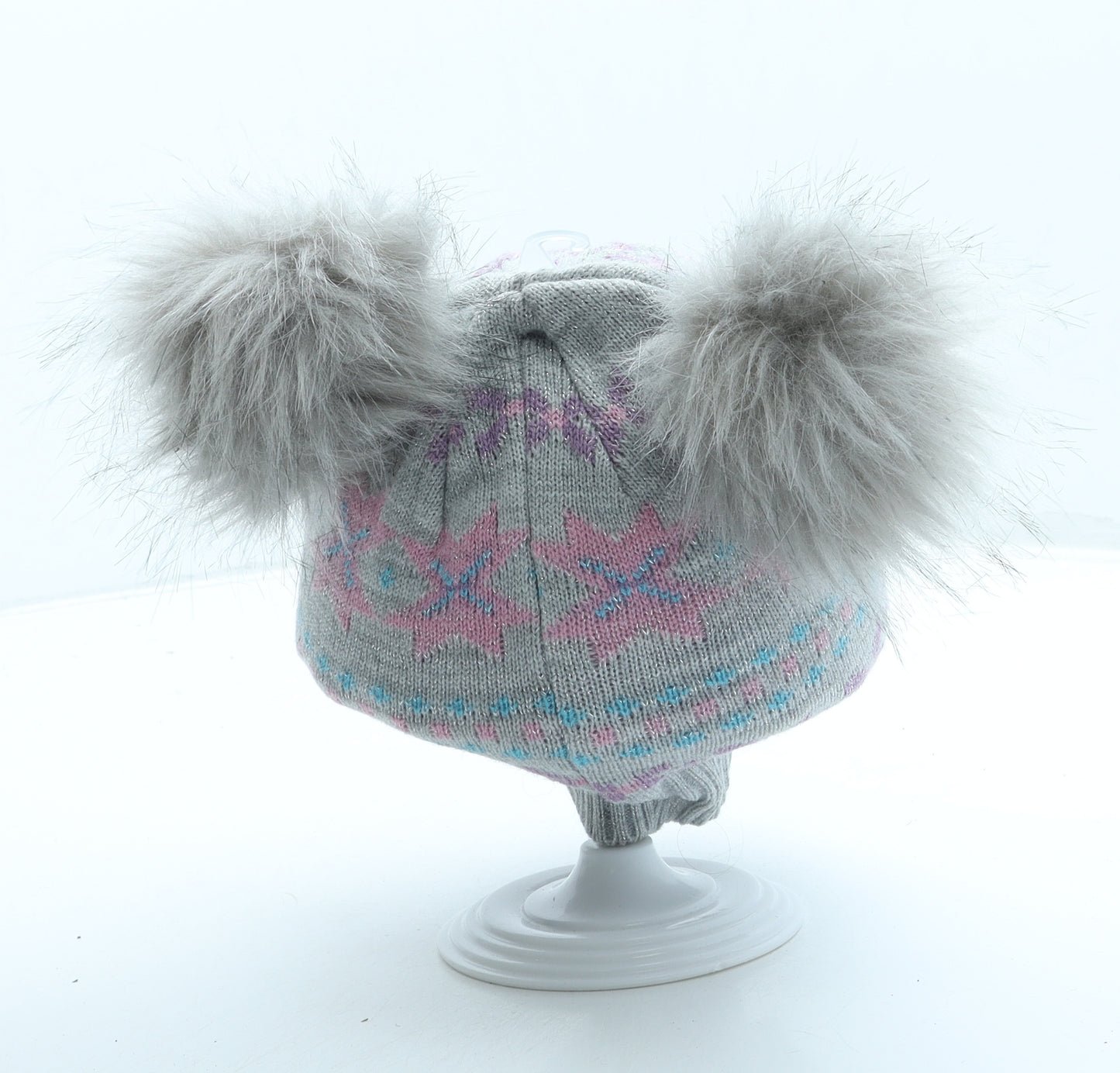 Winter Collections Girls Grey Fair Isle Acrylic Bobble Hat One Size - Pom Pom