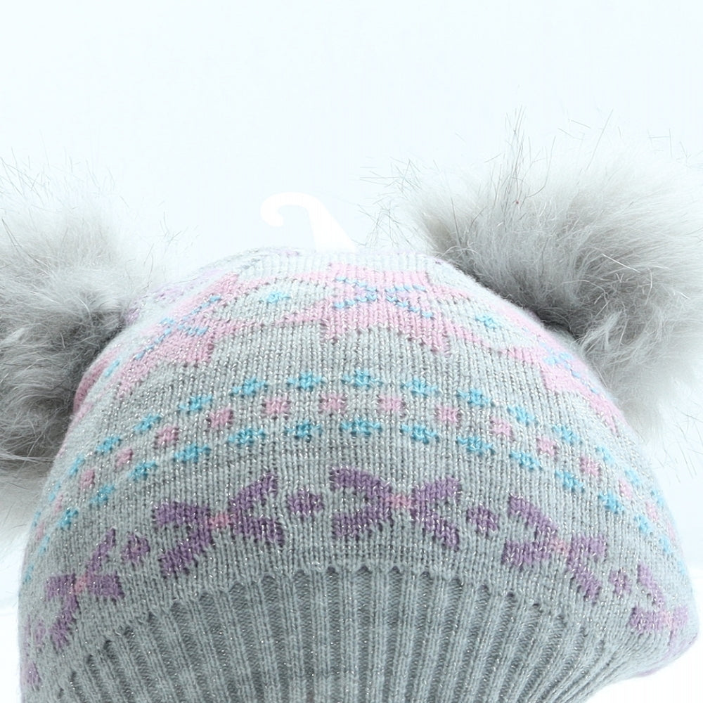 Winter Collections Girls Grey Fair Isle Acrylic Bobble Hat One Size - Pom Pom