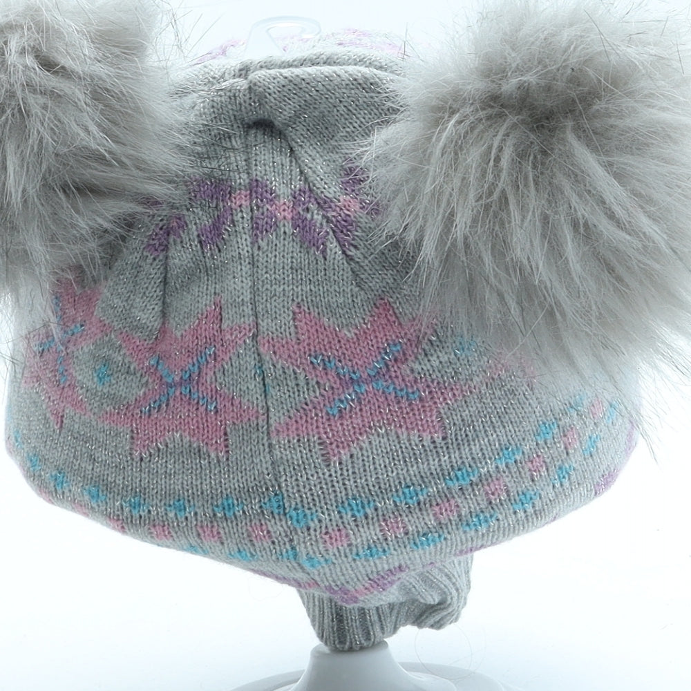 Winter Collections Girls Grey Fair Isle Acrylic Bobble Hat One Size - Pom Pom