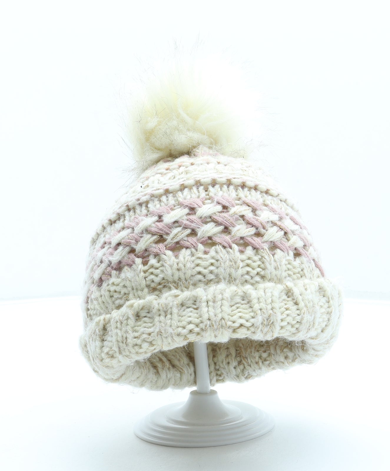 NEXT Girls Beige Acrylic Bobble Hat One Size - Pom Pom