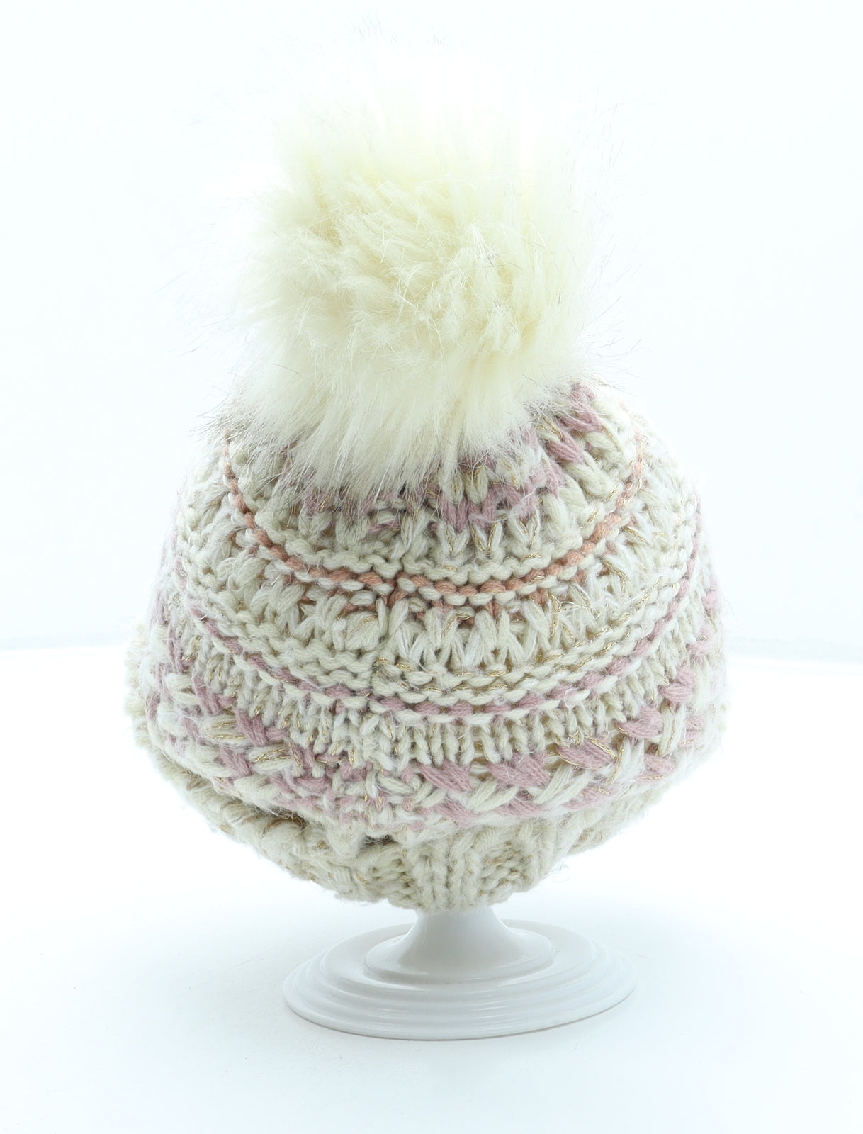 NEXT Girls Beige Acrylic Bobble Hat One Size - Pom Pom