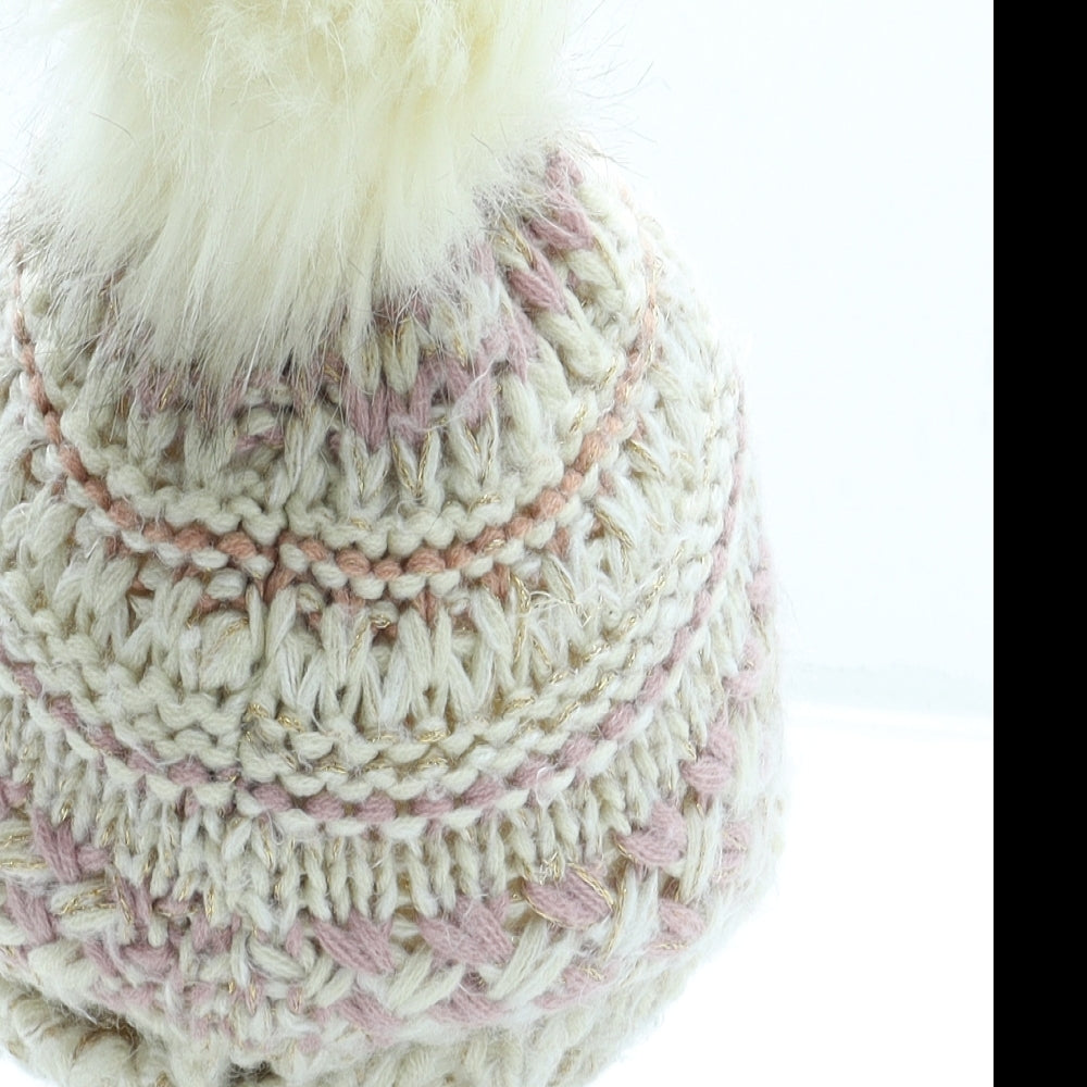 NEXT Girls Beige Acrylic Bobble Hat One Size - Pom Pom