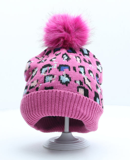 TU Girls Pink Animal Print Acrylic Bobble Hat One Size - Leopard print