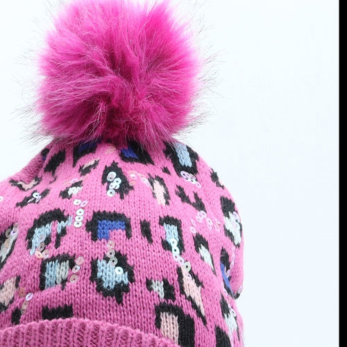 TU Girls Pink Animal Print Acrylic Bobble Hat One Size - Leopard print