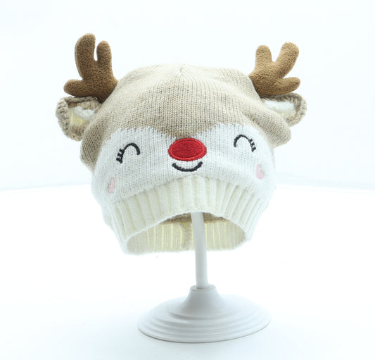 George Girls Beige Acrylic Beanie One Size - Reindeer