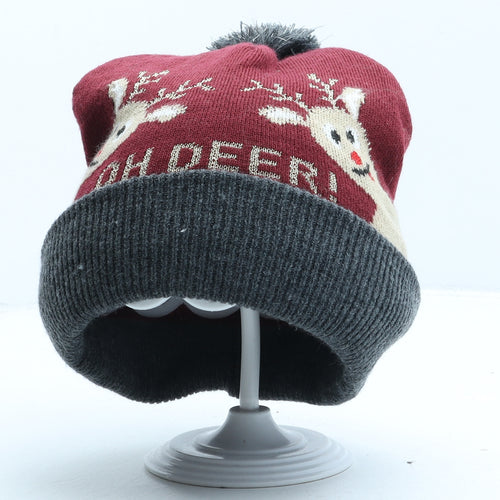 H&M Boys Red Acrylic Bobble Hat One Size - Reindeer