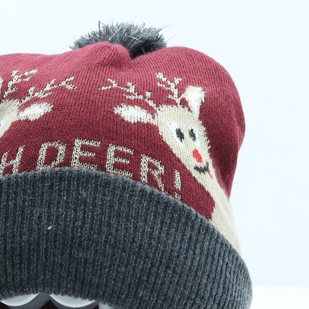 H&M Boys Red Acrylic Bobble Hat One Size - Reindeer