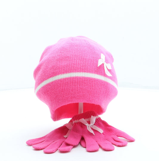 M&Co Girls Pink Acrylic Beanie One Size - Gloves Included