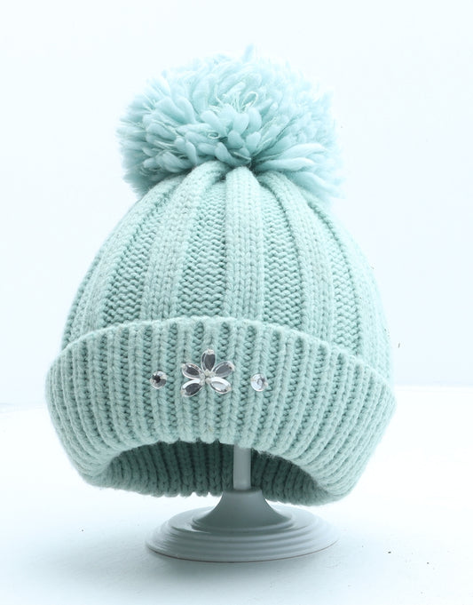 George Girls Green Acrylic Bobble Hat One Size - Flower Detail