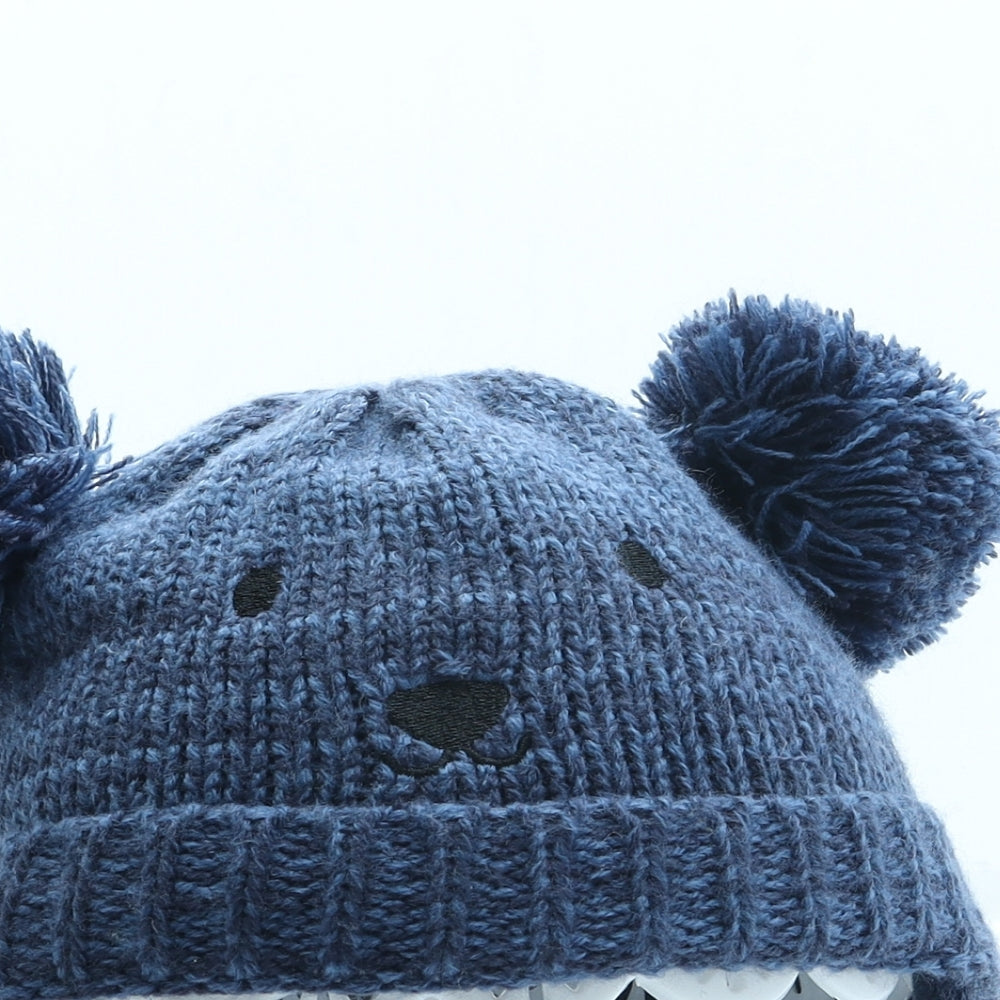 F&F Boys Blue Acrylic Bobble Hat One Size - Bear