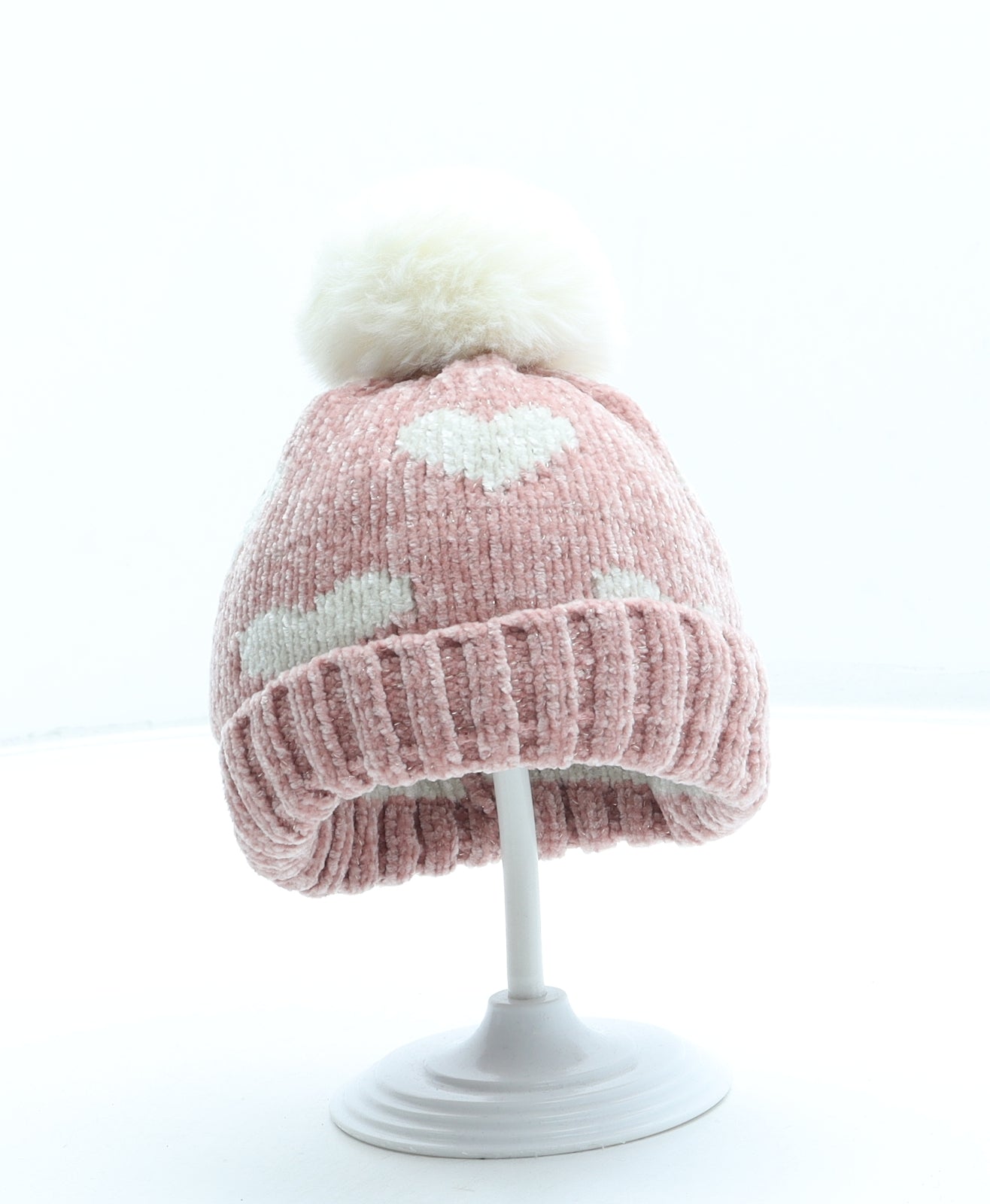 George Girls Pink Geometric Polyester Bobble Hat One Size - Hearts