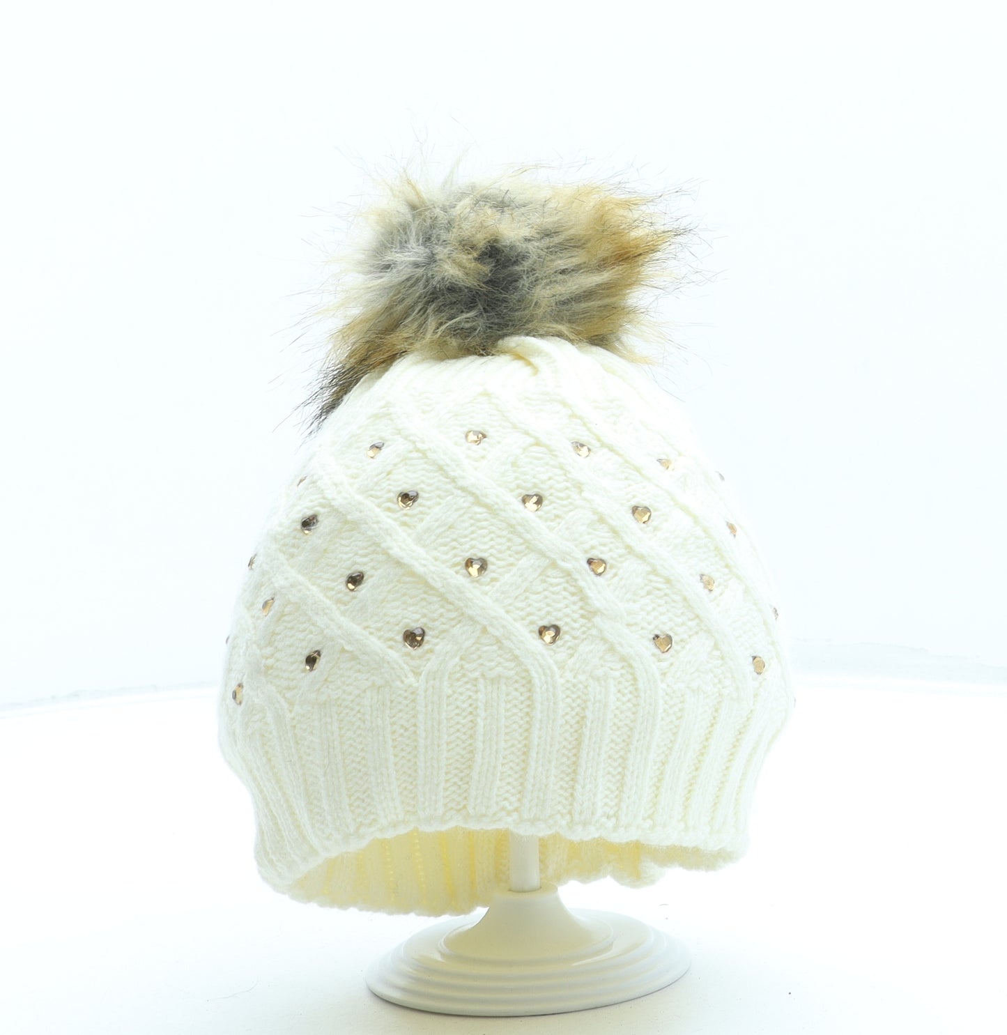 George Girls Beige Acrylic Bobble Hat One Size - Pom Pom