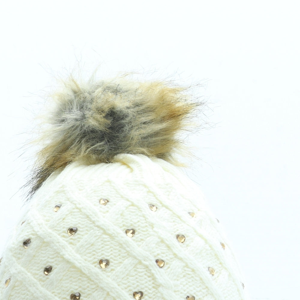 George Girls Beige Acrylic Bobble Hat One Size - Pom Pom