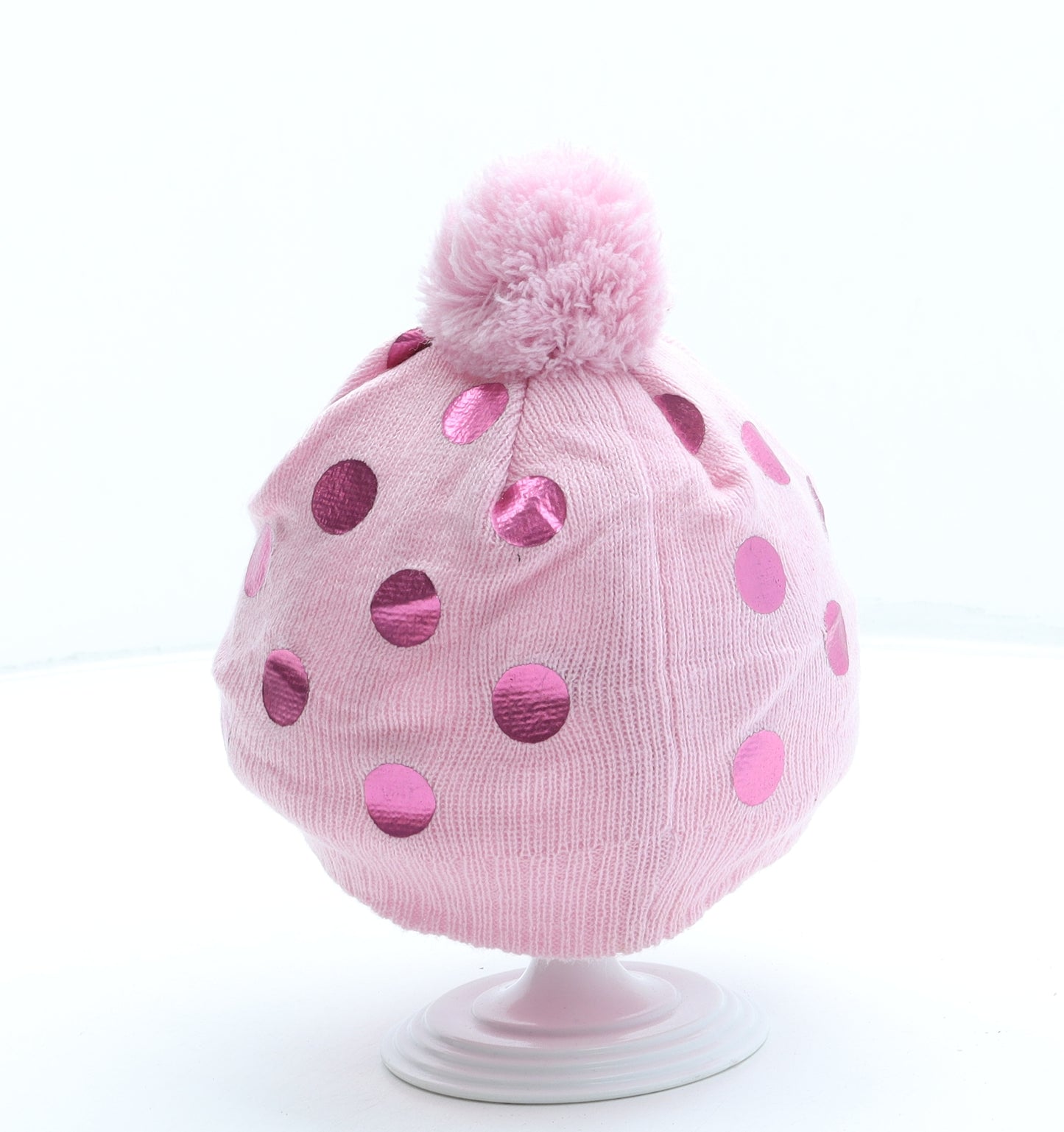 Hello Kitty Girls Pink Polka Dot Acrylic Bobble Hat One Size - Pom Pom
