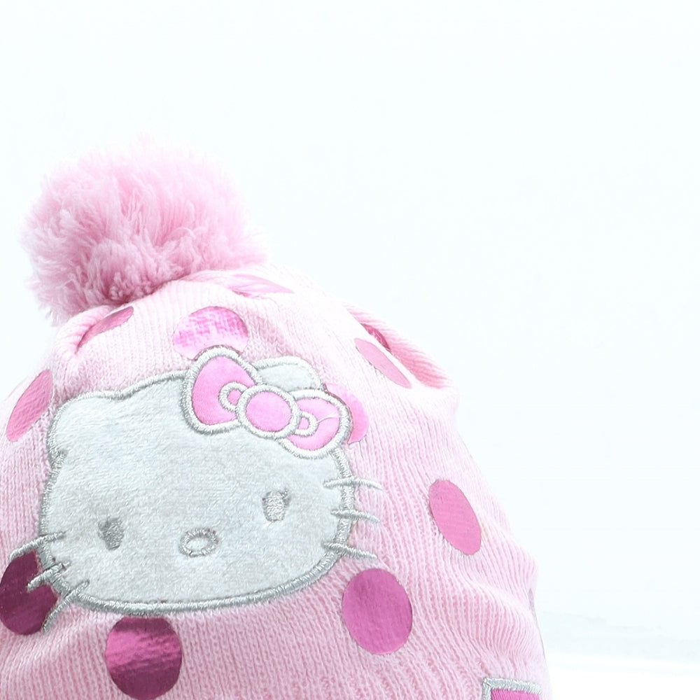 Hello Kitty Girls Pink Polka Dot Acrylic Bobble Hat One Size - Pom Pom