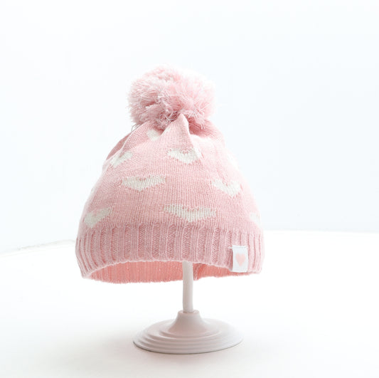 Primark Girls Pink Acrylic Bobble Hat Size S - Heart Detail