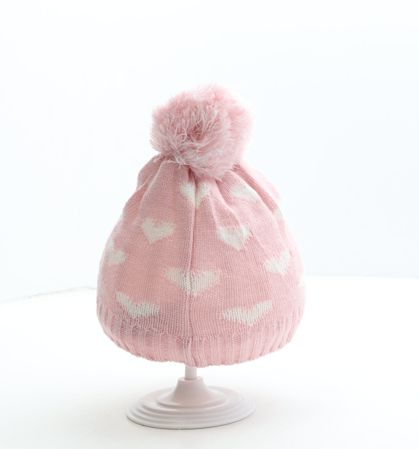 Primark Girls Pink Acrylic Bobble Hat Size S - Heart Detail