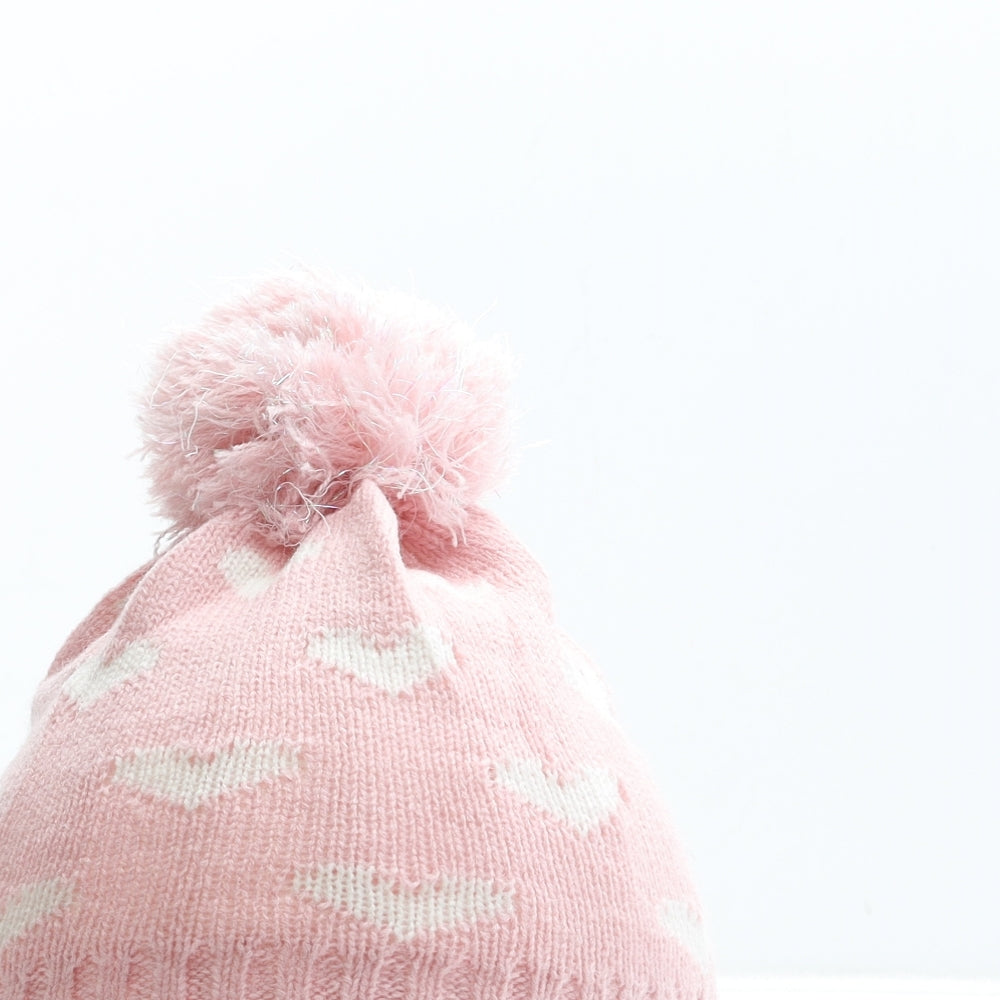 Primark Girls Pink Acrylic Bobble Hat Size S - Heart Detail