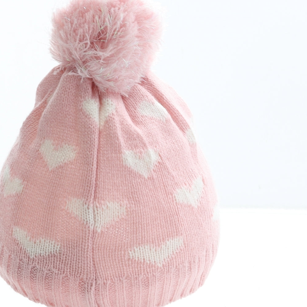 Primark Girls Pink Acrylic Bobble Hat Size S - Heart Detail