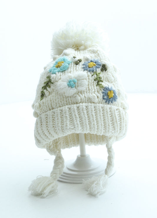 NEXT Girls White Floral Cotton Bobble Hat Size S