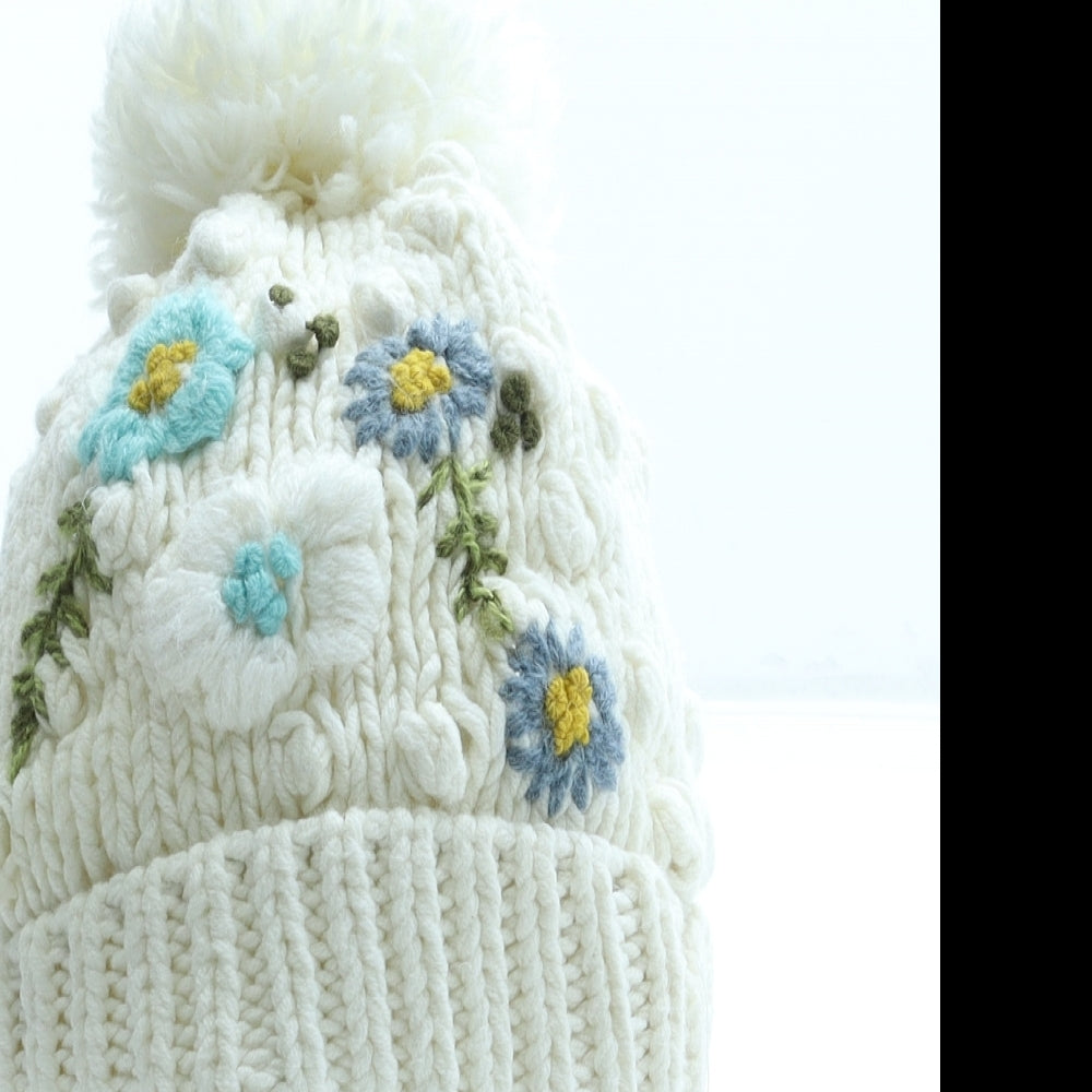 NEXT Girls White Floral Cotton Bobble Hat Size S